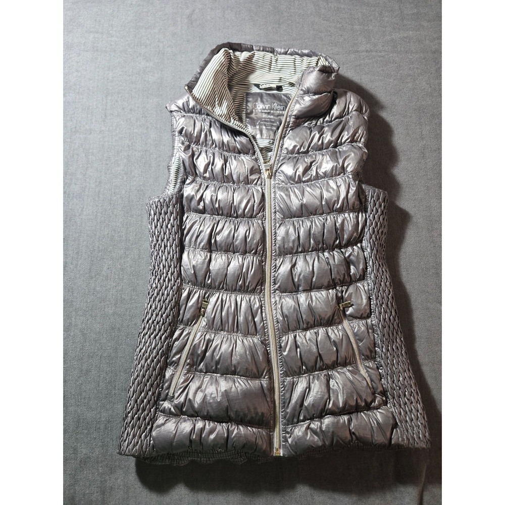 Calvin Klein Metallic Silver Down Feather Puffer Vest Full Zip Quilt Women M